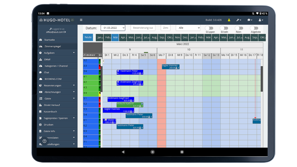 Zimmerplan der HUGO-Hotelsoftware am Tablet