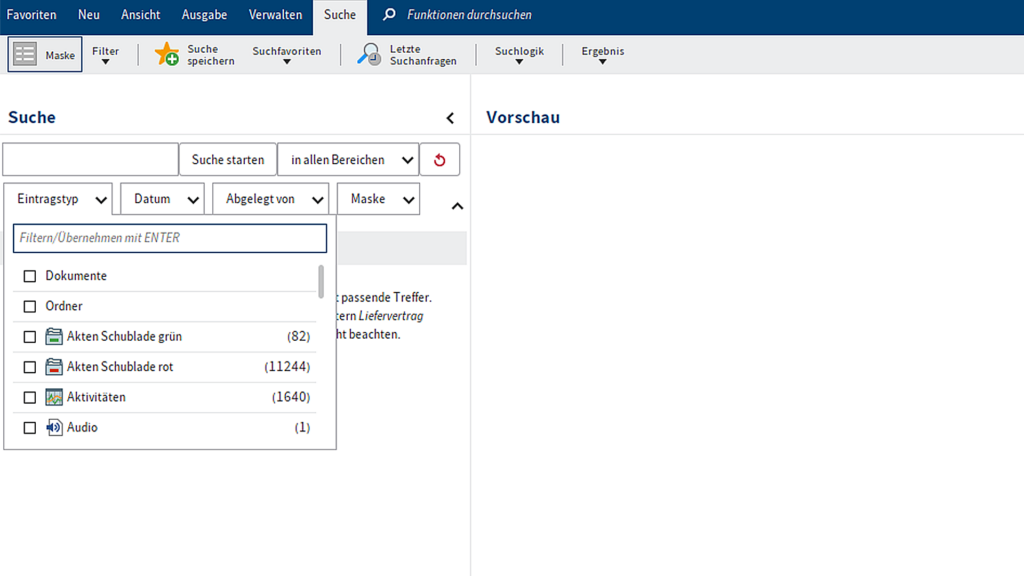 Screenshot von der Suchmaske im Dokumentenmanagement